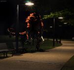 3d_(artwork) anthro bench detailed_background digital_media_(artwork) dripping hellomyboi1028 hi_res looking_at_viewer male night outside park realistic rubber sidewalk solo street_lamp 