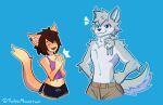  2021 absurd_res anthro blue_eyes brown_hair canid canine canis clapping clothed clothing digital_media_(artwork) domestic_cat duo felid feline felis fur girly green_eyes grey_body grey_fur hair hi_res louis_softpaw male male/male mammal orange_body orange_fur plushie shaded signature simple_background smile snowa_verge talus_maverick wolf 