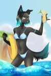  alcohol anonymous_artist anthro beach beverage black_body black_skin canid canine canis cocktail domestic_cat fan_character felid feline felis female hair hi_res hybrid mammal multicolored_eyes multicolored_hair outside seaside sky_(oc) smile solo water wolf 