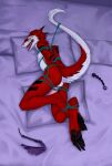  2021 anal_beads anthro balls bariesuterram bdsm bed bondage bound claws erection feet fur furniture genitals hair hands_behind_back hi_res looking_at_viewer lying male mammal nude on_bed pawpads paws penis raised_tail rope rope_bondage rope_harness sergal sex_toy solo submissive whip 