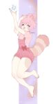  2021 anthro biped blep bottomwear bow_accessory claws clothing eyelashes female fur hair hand_above_head hi_res one_eye_closed pawpads pekuza041 pink_body pink_bottomwear pink_clothing pink_fur pink_hair pink_nose pink_pawpads pink_stripes pink_topwear plantigrade purple_eyes signature simple_background solo sparkles striped_body striped_fur striped_tail stripes tongue tongue_out topwear white_body white_claws white_fur 