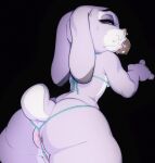  anthro anus big_butt bikini black_background black_body black_fur bodily_fluids breasts bubble butt clothed clothing disney doxy female fingers fur genitals grey_body grey_fur ineffective_clothing judy_hopps lagomorph leporid long_ears looking_back mammal multicolored_body multicolored_fur narrowed_eyes open_mouth purple_eyes pussy pussy_floss rabbit simple_background skimpy solo string_bikini sweat swimwear thick_thighs white_body white_fur wide_hips zootopia 