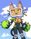  anthro blush bodysuit breasts claws clothing domestic_cat eyelashes felid feline felis female for_a_head half-closed_eyes hi_res kcn machine mammal narrowed_eyes oban_star_racers object_head para-dice robot screen screen_face screen_head skinsuit solo tight_clothing 