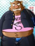  2011 3:4 anthro belly blush bottomwear bulge clothing genital_outline kazbon805 kemono male mammal outside overweight overweight_male pants penis_outline scar shirt solo suid suina sus_(pig) topwear underwear wild_boar 