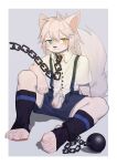  absurd_res ankle_cuffs ball_and_chain balls biped blur_censorship blush bottomwear canid censored chain chain_leash chastity_cage chastity_device clothed clothing collar genitals hair heterochromia hi_res humanoid_genitalia humanoid_penis kemono leash looking_at_viewer male mammal pants pawpads penis shackles shirt simple_background solo submissive submissive_male suspenders topwear toye2004 young 