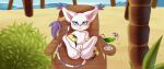  bandai_namco beach beverage biped blue_eyes blush chair claws cocktail_glass detailed_background digimon digimon_(species) fangs felid feline_fantasies female feral fur furniture gatomon genitals gracie_(ff) hi_res long_claws looking_at_viewer mammal oasis pilitan presenting presenting_pussy pussy seaside semi-anthro sitting solo spread_legs spreading 