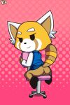  aggressive_retsuko ailurid anthro bottomwear chair clothed clothing female furniture hi_res kcn looking_back mammal no_underwear office_uniform raised_bottomwear raised_clothing raised_skirt raised_tail red_panda retsuko sanrio sitting skirt solo 