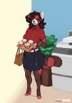  absurd_res anthro beverage bottomwear breasts brown_hair canid canine clothing female hair hi_res high_heels mammal open_mouth raccoon_dog skirt solo tanuki the_dogsmith 