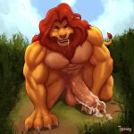  1:1 2021 abs all_fours anthro anthrofied balls barazoku big_balls big_muscles big_penis bodily_fluids claws cloud cum day disney drooling erection felid foreskin genital_fluids genitals grass hi_res humanoid_genitalia humanoid_penis lion looking_at_viewer male mammal mane mr._frenzy mufasa muscular muscular_anthro muscular_male nipples nude outside pantherine pecs penis plant saliva sky smile solo the_lion_king uncut 