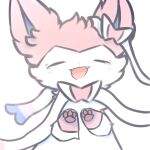  1:1 ambiguous_gender bodily_fluids eeveelution eyes_closed fangs feral fluffy fur hi_res mammal markings_(fur) nintendo pawpads paws pink_body pink_fur pok&eacute;mon pok&eacute;mon_(species) ribbons simple_background smile snoiifoxxo solo sylveon tears tuft video_games white_background white_body white_fur 