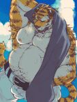  2017 3:4 anthro armpit_hair barazoku belly body_hair bottomwear bulge clothing eyes_closed felid gunso_p hi_res kemono male mammal moobs nipples outside overweight overweight_male pantherine pants solo tiger white_body yellow_body 