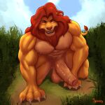  1:1 2021 abs all_fours anthro anthrofied balls barazoku big_balls big_muscles big_penis claws cloud day disney erection felid foreskin genitals grass hi_res humanoid_genitalia humanoid_penis lion looking_at_viewer male mammal mane mr._frenzy mufasa muscular muscular_anthro muscular_male nipples nude outside pantherine pecs penis plant sky smile solo the_lion_king uncut 
