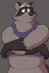  2021 anthro belly black_body black_fur black_nose clothing fur grey_body grey_fur hi_res male mammal navel overweight overweight_male procyonid raccoon simple_background solo undressing vasuki 