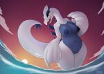  anthro anthrofied big_breasts breasts curvy_figure female genitals legendary_pok&eacute;mon looking_at_viewer lugia nintendo nipples nude outside partially_submerged pawpadcomrade pok&eacute;mon pok&eacute;mon_(species) pok&eacute;morph pussy slightly_chubby smile solo standing sunset thick_thighs video_games voluptuous water wide_hips 