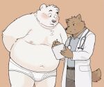  animated anthro belt black_nose blinking blood blush bodily_fluids briefs brown_background brown_body brown_fur brown_nose canid canine clothing coat doctor duo fur garouzuki green_clothing green_shirt green_topwear khaki_pants lab_coat male mammal navel nipples nosebleed open_mouth overweight overweight_male polo_shirt shirt short_playtime simple_background slacks smile surprise teeth_showing tighty_whities topwear underwear ursid white_briefs white_clothing white_coat white_topwear white_underwear 