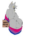  3:4 anus backsack balls bisexual_pride_colors butt canid canine canis coyote damien_(xana) ear_piercing facial_piercing fur genitals grey_body grey_fur hi_res lgbt_history_month lgbt_pride male mammal nose_piercing piercing pride_colors short_tail solo xanareihakamura 