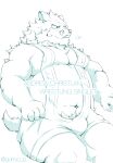  2015 anthro belly blue_and_white bulge english_text gunso_p hi_res humanoid_hands kemono male mammal monochrome moobs musclegut nipples overweight overweight_male pubes simple_background sitting solo suid suina sus_(pig) text white_background wild_boar wrestling_singlet 