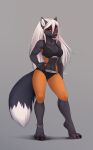  2021 4_toes 5_fingers anthro bra breasts canid canine clothed clothing digital_media_(artwork) eyebrows eyelashes feet female fingers fox grey_background hair hi_res mammal midriff navel red_eyes simple_background smile sports_bra taurusart toes underwear white_hair 
