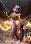  2018 4_fingers absurd_res anthro blue_eyes breasts claws clothing domestic_cat felid feline felis female fingers fur gun hair hi_res holding_object holding_weapon katt_monroe long_tail mammal mdigamma1 nintendo pink_body pink_fur ranged_weapon solo star_fox tuft video_games weapon white_hair 