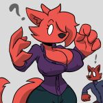  1:1 anthro big_breasts big_hands breasts canid canine cleavage clothed clothing crossgender curvaceous curvy_figure female fox fur hair hair_over_eye implied_breast_expansion lemondude male mammal nipple_outline one_eye_obstructed red_body red_fur simple_background tater_(lemondude) taylor_(lemondude) unbuttoned_shirt voluptuous white_eyes 