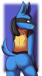  blue_body blue_skin butt canid canine curvy_figure female genitals jseph looking_at_viewer looking_back lucario mammal nintendo pok&eacute;mon pok&eacute;mon_(species) pussy red_eyes simple_background smile solo thick_thighs video_games wide_hips 