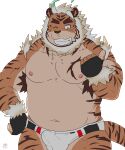  2021 absurd_res anthro belly bulge clothed clothing erection erection_under_clothing felid gantogan1216 genital_outline hi_res hombretigre humanoid_hands kemono male mammal moobs navel nipples one_eye_closed overweight overweight_male pantherine penis_outline solo tiger tokyo_afterschool_summoners underwear video_games wink 