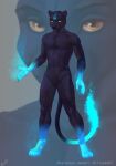  2021 anthro athletic athletic_anthro athletic_male black_body blue_fire colored colored_fire dimonis felid fire hi_res magic magic_user male mammal pantherine runes shaded signature simple_background solo watermark yellow_eyes 