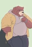  anthro beverage brown_body brown_fur bubble_tea clock clothed clothing cromren drinking eyewear fully_clothed fur glasses hi_res hoodie male mammal musclegut muscular muscular_male portrait slightly_chubby solo three-quarter_portrait topwear ursid watch 