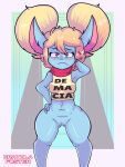 3:4 absurd_res big_breasts breasts clothing crayola_foster female freckles genitals hi_res humanoid league_of_legends looking_at_viewer navel poppy_(lol) purple_eyes pussy riot_games shirt solo t-shirt thick_thighs topwear video_games yordle 