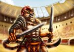  abs anthro arena armor catzakir clenched_teeth clothed clothing dual_wielding felid fur gladiator green_eyes hair holding_object holding_sword holding_weapon inner_ear_fluff kaizey male mammal melee_weapon muscular muscular_male outside pantherine red_hair standing striped_body striped_fur stripes sword teeth tiger tigertooth topless tuft warrior weapon 