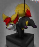  5:6 anus ass_up bdsm bondage bound braixen braxiss_(character) butt canid canine darkholm1 female fennec feral fox genitals grey_background hair hi_res inner_ear_fluff mammal multi_nipple nintendo nipples pedestal pok&eacute;mon pok&eacute;mon_(species) pussy simple_background solo tied_tail tongue tongue_out tuft video_games 