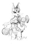  2018 absurd_res anthro athletic athletic_anthro athletic_female bars big_ears black_and_white bodily_fluids breasts ear_piercing ear_ring english_text exercise eyelashes felid feline female fingers fur hi_res holding_object jecbrush lynx mammal markings miyu_lynx monochrome navel nintendo piercing spots spotted_body spotted_fur star_fox sweat text video_games weightlifting workout 