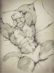  andre_(chirenbo) anthro bed black_and_white bulge clothing cougar felid feline furniture hat headgear headwear hi_res insaneeighteen looking_at_viewer lying lying_on_bed male mammal monochrome muscular on_bed one_eye_closed pillow pose solo traditional_media_(artwork) wink winking_at_viewer 