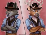 4:3 anthro arthur_morgan black_body black_fur bottomwear brown_body brown_eyes brown_fur canid canine canis cervid cervine clothing coyote duo fur hat headgear headwear looking_at_viewer male mammal pants red_dead_(series) rockstar_games shirt topwear video_games volodyanocturne yellow_eyes 