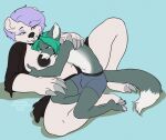 2021 anthro areola breasts canid canine clothed clothing digital_media_(artwork) duo eyebrows eyelashes female green_hair hair kittydee larger_female male male/female mammal nipples polar_bear purple_hair size_difference smaller_male smile ursid ursine 
