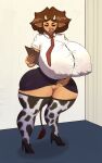  animal_print anthro bakerydark big_breasts bottomwear bovid bovine breasts brown_hair clipboard clothed clothing clothing_lift cow_print facial_piercing female genitals hair hi_res huge_breasts hyper hyper_breasts legwear mammal nipple_piercing nipples no_underwear nose_piercing piercing pussy septum_piercing skirt skirt_lift solo straining_buttons thick_thighs thigh_highs translucent translucent_clothing 