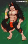  abs anthro big_pecs black_body black_fur bulge canid canine chain chest_scar fur glowing glowing_eyes hi_res horny_(disambiguation) insaneeighteen james_auvereign male male/male mammal muscular muscular_male pecs scar smile smirk solo temptation tongue tongue_out were werecanid werecanine werewolf 