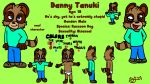 16:9 3_toes 4_fingers anthro bottomwear brown_body brown_clothing brown_footwear brown_fur brown_shoes canid canine clothing danny_tanuki english_text feet fingers footwear fur green_background green_clothing hands_behind_back hi_res looking_at_viewer male mammal model_sheet nipples pants raccoon_dog shoes simple_background solo striped_tail stripes tanuki text toes underwear widescreen 
