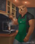  4:5 5_fingers anthro apron barista beverage biceps bottomwear brown_body brown_eyes brown_fur cafe clothed clothing coffee coffee_shop english_text fingers fully_clothed fur hi_res humor inside lolitarey male mammal muscular muscular_anthro muscular_male pants pecs polo_shirt pun shirt solo standing steam text topwear ursid visual_pun 