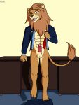  3:4 anthro anthrofied balls bodily_fluids clothed clothing cum digital_media_(artwork) disney dustin_c erection felid fur genital_fluids genitals hair hi_res leodore_lionheart lion looking_at_viewer male mammal mane muscular muscular_male pantherine penis simple_background smile solo undressing zootopia 