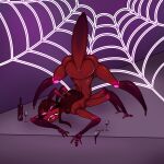  1:1 absurd_res alcohol anthro arachnid araneomorph arthropod ass_up beverage blush butt digital_media_(artwork) drunk exoskeleton fangs female hair hi_res jack-o&#039;_pose lying multi_arm multi_eye multi_limb nude on_front orb-weaver_spider pose purple_body ramerooni red_body red_eyes smile solo spider spider_web substance_intoxication wine 