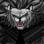  1:1 absurd_res angry anthro black_clothing blue_eyes clothing dark_theme fangs felid fur grey_body grey_fur hi_res lion looking_at_viewer male mammal open_mouth pantherine sabertooth_(anatomy) sharp_teeth solo teeth teeth_visible thehonestrival tongue 