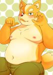  2015 anthro aretna belly blush bottomwear canid canine clothing eating food fox fox_mccloud hi_res humanoid_hands kemono male mammal moobs navel nintendo nipples overweight overweight_male pants sitting solo star_fox video_games 