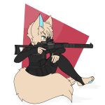  1:1 5_fingers absurd_res anthro as_val biped canid canine clothed clothing digital_media_(artwork) feet fennec fidda_gracepaws_(character) fiddagracepaws_(artist) fingers flat_chested fox fur girly gun hair hi_res holding_gun holding_object holding_weapon male mammal ranged_weapon simple_background solo toes weapon 