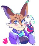  5_fingers big_ears blue_eyes blush blushily breasts brown_body clothing eyelashes felid feline female fingers jacket lynx mammal miyu_lynx nintendo smile solo star_fox topwear video_games 