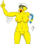  anthro avian bird breasts captain casual_nudity clipboard clothing colored female genitals hat headgear headwear hi_res nude pussy standing text themanbearpig 