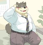  2021 anthro bed black_nose blush bodily_fluids bottomwear canid canine canis clothing domestic_dog eyes_closed fugashi4090 furniture hi_res kemono male mammal necktie overweight overweight_male pants shirt sitting solo sweat topwear 