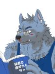  2009 3:4 anthro black_nose blood blush bodily_fluids book canid canine canis doran_(pixiv_artist) eyewear glasses humanoid_hands japanese_text kemono male mammal nosebleed reading simple_background solo text white_background wolf 