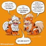  1:1 ambiguous_gender anupap black_nose bodily_fluids canid canine claws dialogue duo english_text fangs feral finger_claws fur growlithe hair_over_eyes hisuian_growlithe humor looking_at_another mammal nintendo open_mouth orange_background orange_body orange_fur pok&eacute;mon pok&eacute;mon_(species) regional_form_(pok&eacute;mon) simple_background smile striped_body striped_fur stripes sweat sweatdrop text tongue video_games 