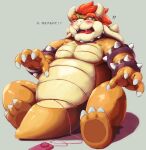  ! 2015 ? anthro belly blush bowser hi_res humanoid_hands japanese_text kemono koopa korosuke male mario_bros nintendo overweight scalie sex_toy simple_background sitting solo text video_games 